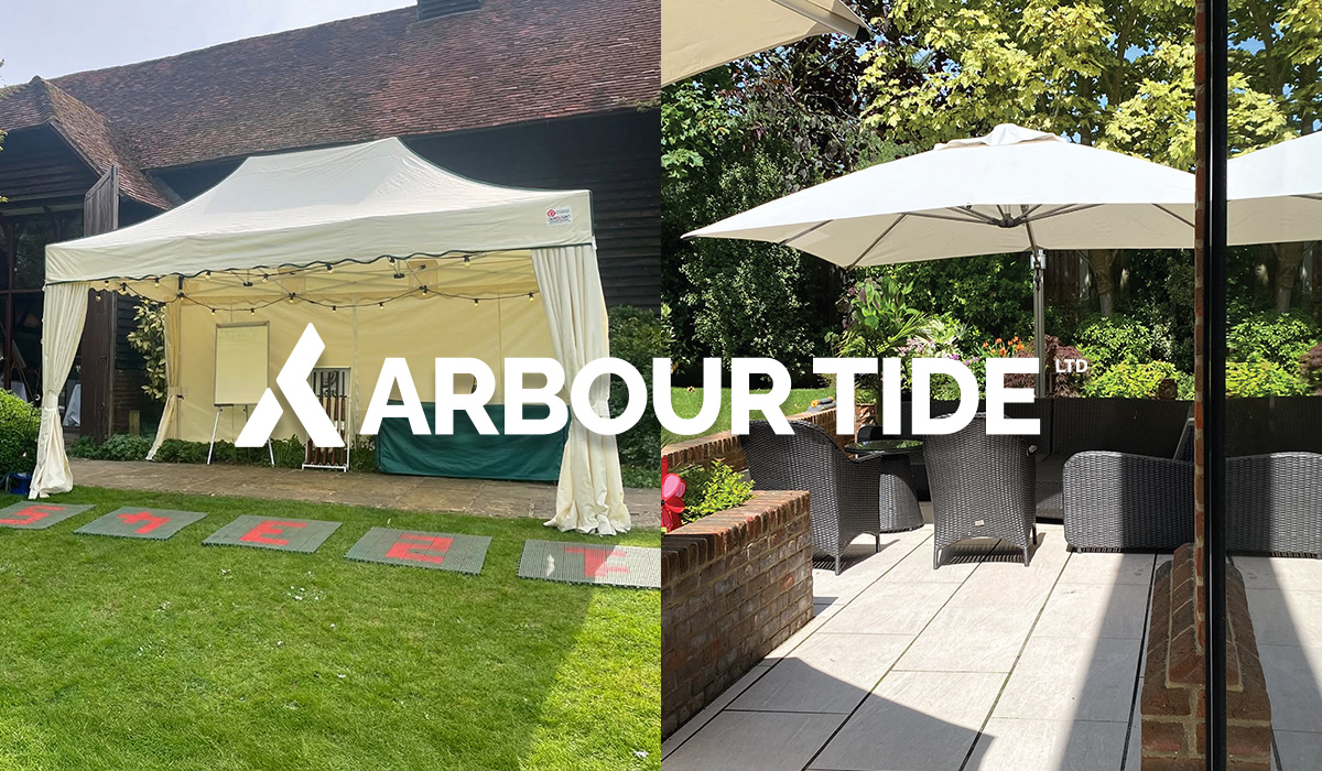 A Surf & Turf Gazebo & Instashade Parasol, both brands of the Arbour Tide group.