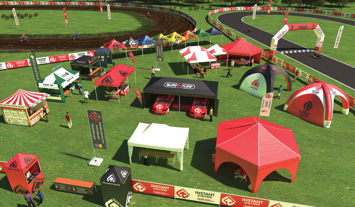 An array of surf & turf instant shelter products at a motorsport event
